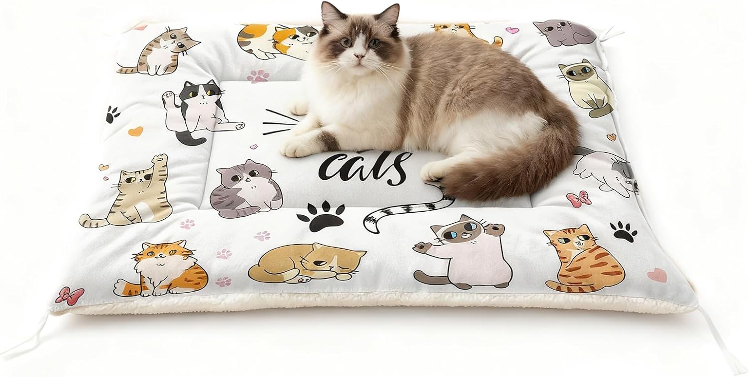 "I Love Cats Pet Bed Mat - Soft Washable Crate Pad for Kittens & Cats - Adorable Cat Design Dog Bed - Non-Slip Pet Cushion for Indoor Use (L)