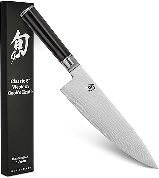 Shun Classic 8" Western Cooks Knife, Handcrafted Japanese Kitchen Knife for Professional and Home Chefs, VG-MAX Core with Damascus Stainless Steel Cladding, Pakkawood Handle