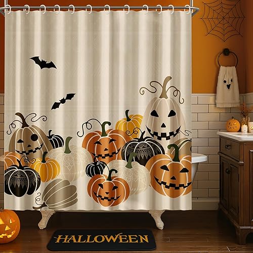 Miniatura 4 de Juego de cortinas de ducha de Halloween, estilo bohemio, diseño de calabaza, diseño de murciélagos, terror, divertidas, bonitas, cortinas de baño