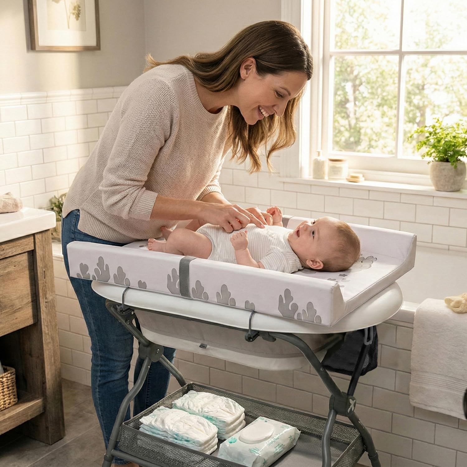 Twinly Bubbly – Bañera Cambiador Plegable para Bebé 2 en 1 – Altura Regulable Ergonómica, Bañera Extraíble para Playa y Viajes, Soporte Estable con Desagüe, Ideal para Baños Pequeños (Gris)