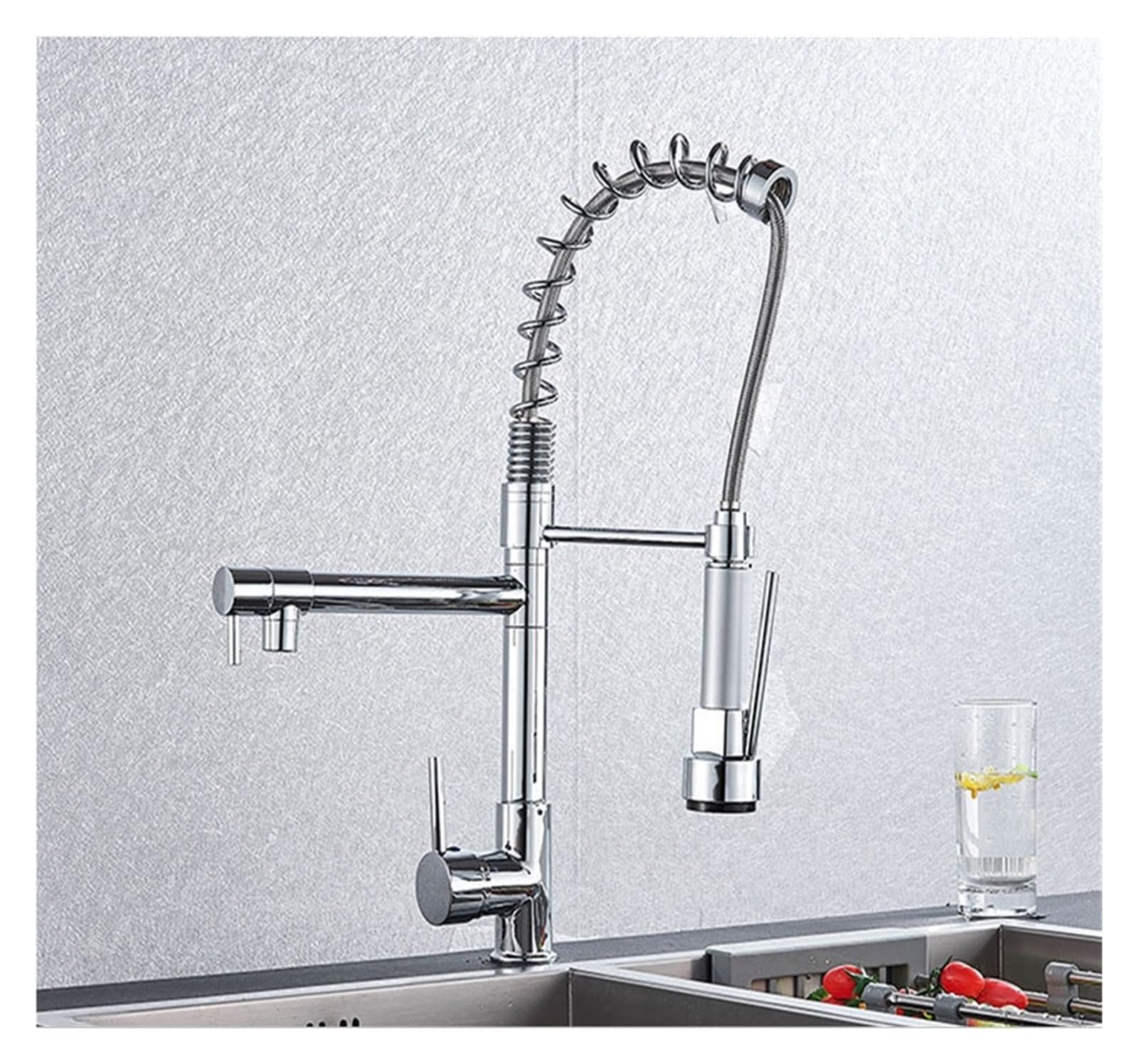 Robinet d'évier de cuisine extractible chrome avec double bec rotatif à 360