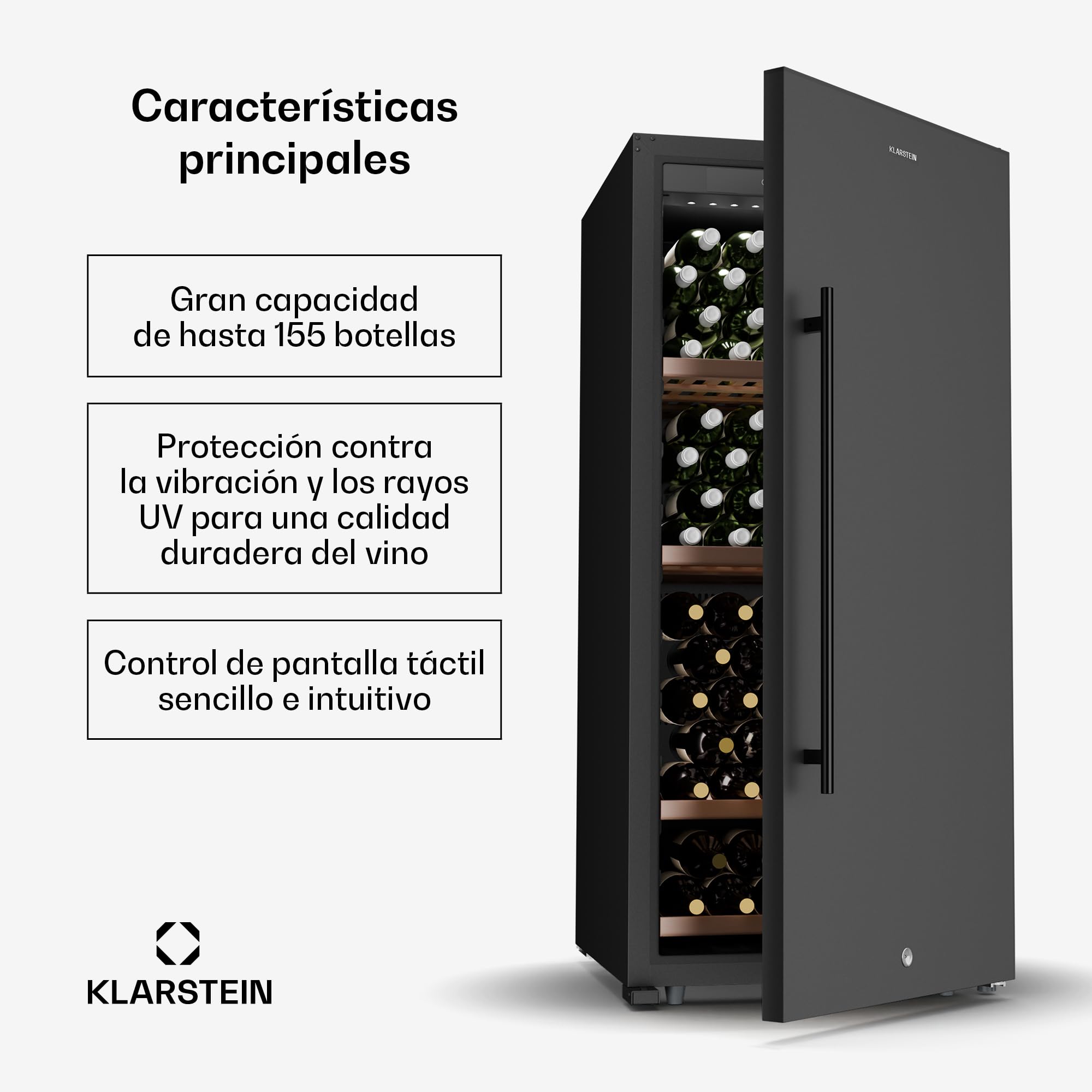 KLARSTEIN CellarMax Vinoteca Grande - 155 Botellas, 5-20°C, Control Táctil, Puerta Metálica, Cerradura, Alarma, Independiente, Nevera Para Vinos