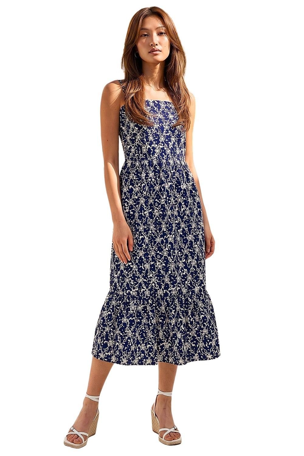 Roman Women's Navy Broderie Detail Cotton Midi Dress Size 14