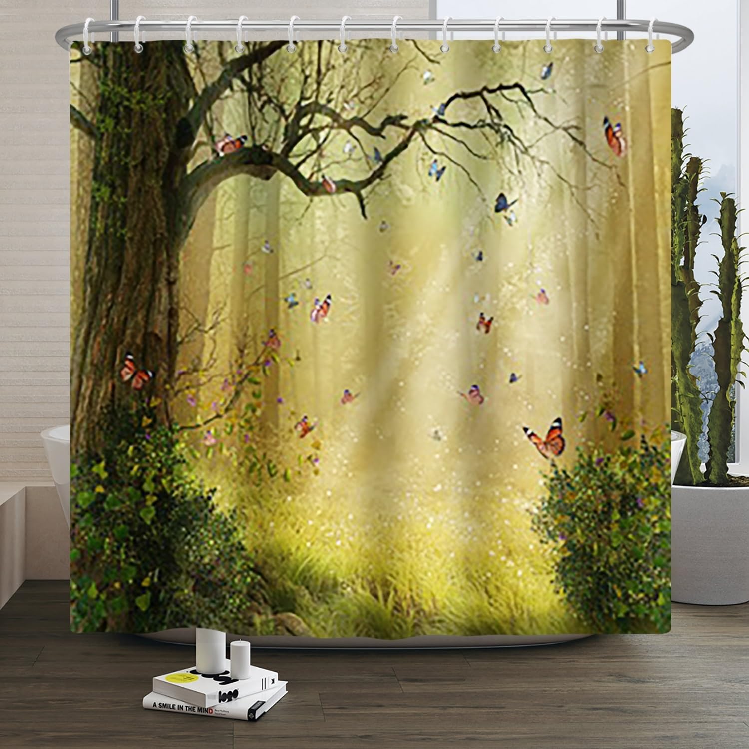 Xiaoterna Fairy Tale Forest Shower Curtain Fantastic Jungle Bathroom Curtain Jungle Safari Butterfly Shower Curtain Sunrise Scenery Shower Curtain Machine Washable Waterproof Fabric 90x180cm