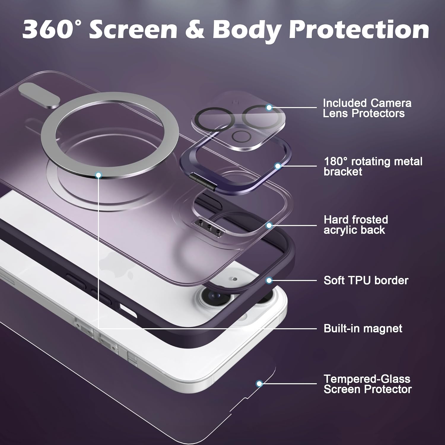 IDweel for iPhone 15 Case with Screen Protector & Camera Lens Protector,Compatible with MagSafe,Built-in Camera Stash Stand,Magnetic Hard Back Soft Edge Anti-Fingerprint Flexible Cover,Purple