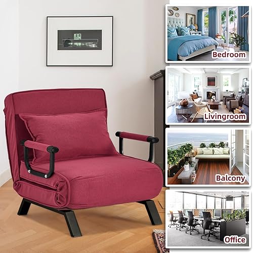 Miniatura 7 de Hupmad Silla Cama Convertible Reclinable, Sillón Reclinable Tapizado Tri-plegable con Almohada, Sofá Chaise Lounge Plegable de Ocio, Respaldo