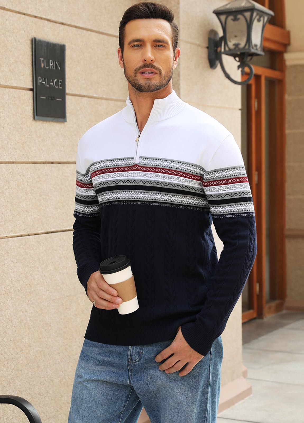 Genfien Maglione Uomo a Maglia con Zip 1/4 Natalizi | Collo Alto,Manica Lunga,Invernale,Caldo