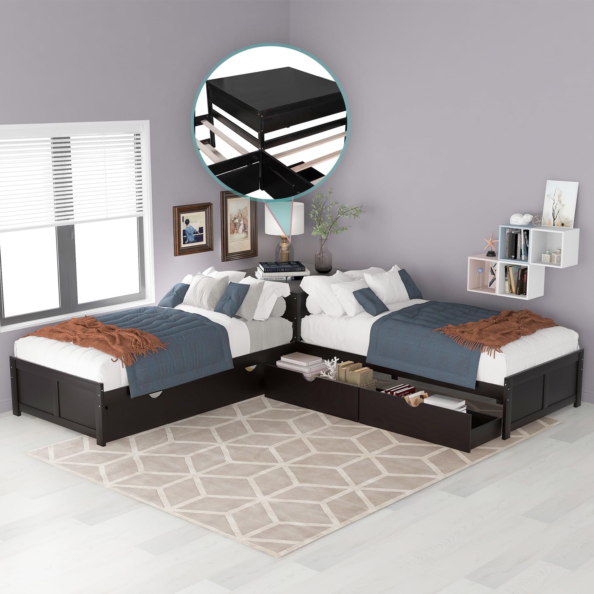 Merax Storage Daybed with Trundle, Twin Size L-Shaped Platform Bed with Convertible Trundle, Two Drawers and Built-in Desk for Living Room, Bedroom, Guest Room, No Box Spring Needed (Espresso)