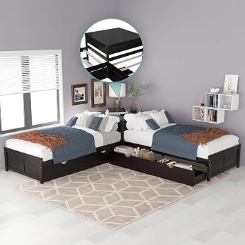 Flieks Storage Daybed with Trundle, Twin Size L-Shaped Platform Bed with Convertible Trundle, Two Drawers Linked with Built-in Square Table for Living Room, Bedroom, Guest Room Espresso