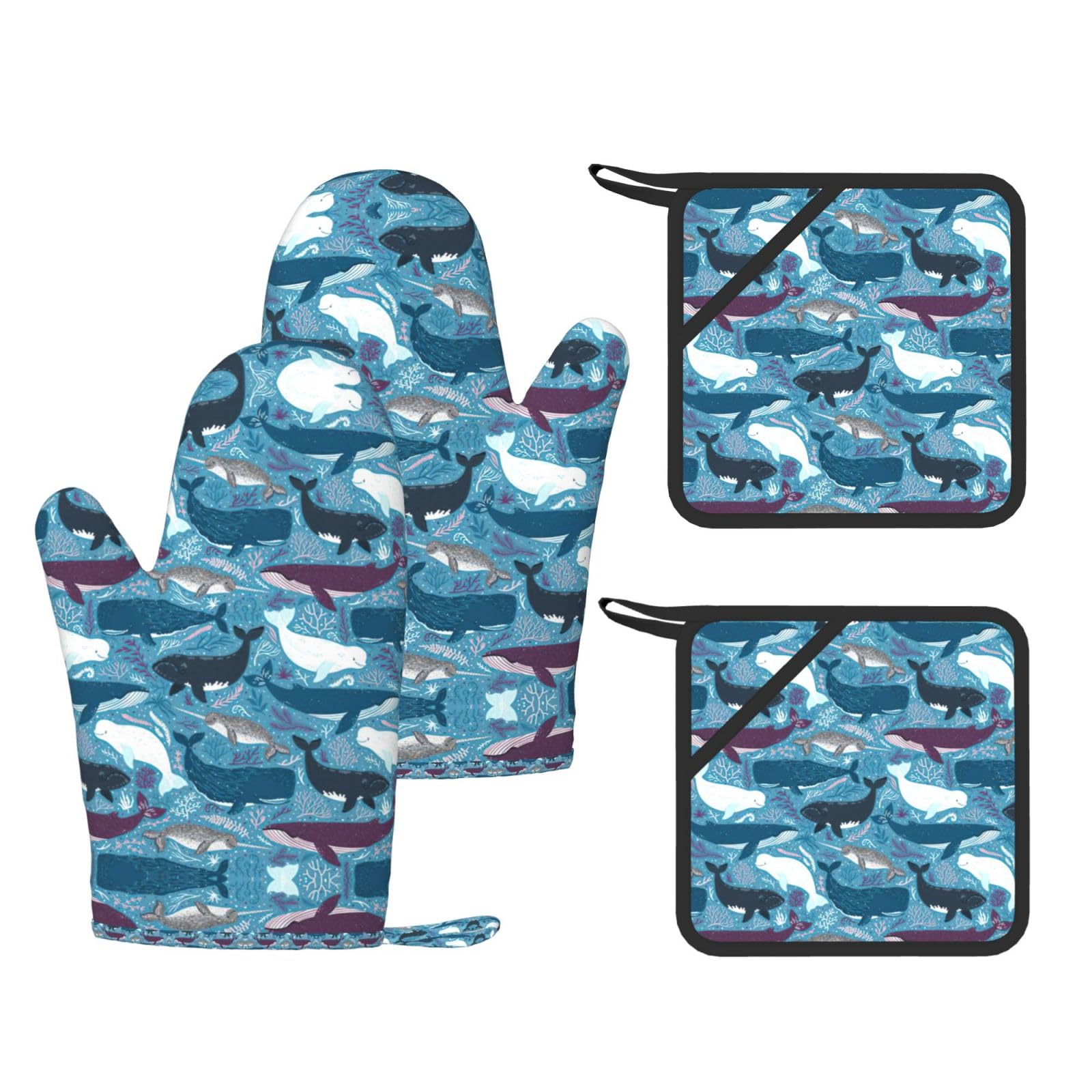 Whale Pattern Printed Oven Mitts with Pocket and Hot Pads, Silicone Non-Slip Kitchen Gloves for Baking BBQ