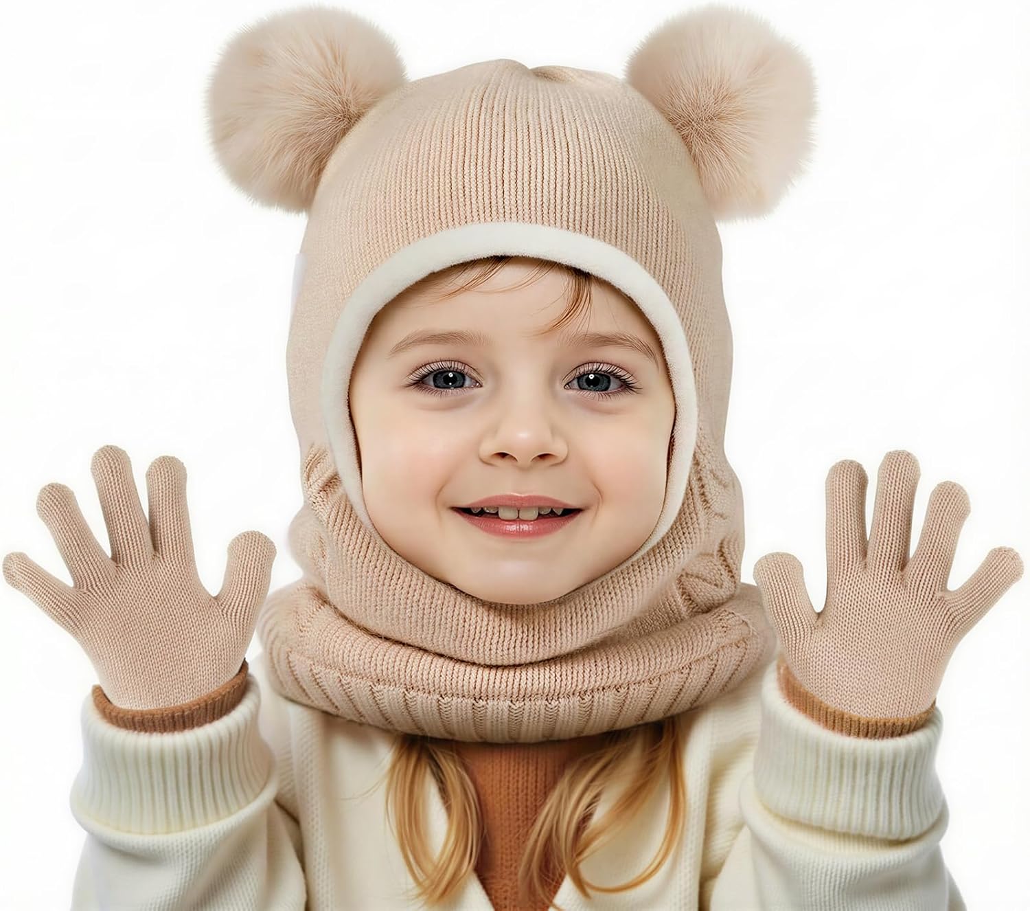 HONGTEYA Toddler Winter Hat Scarf Glove Set, Unisex Baby Kids Velvet Lined Knitted Hat with Neck Warmer for Cold Weather