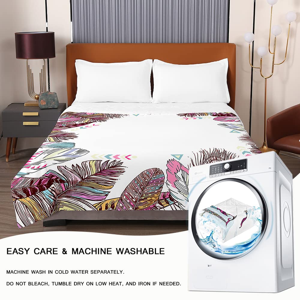 Surwin Copriletto Trapuntato Stampa di Piuma Boho Esotica per Primavera e Estate Copriletto Singolo Matrimoniale Trapunta in Microfibra Leggero Lavabile in Lavatrice (230x260cm,Rosa)