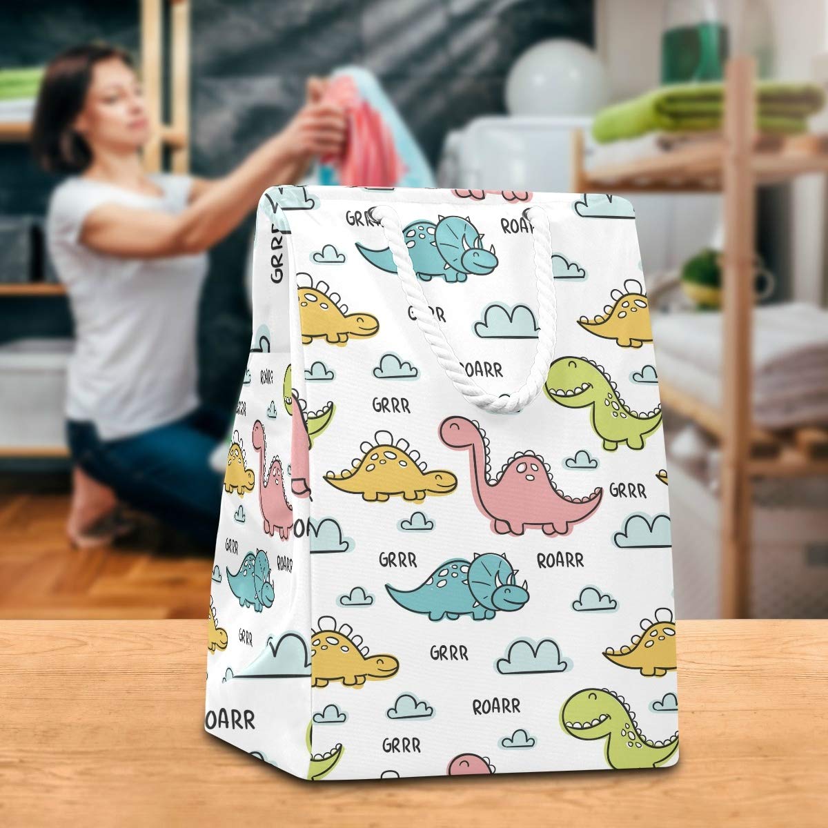 Großer Wäschesack mit Dinosaurier-Motiv, freistehend, faltbar, mit Tragegriffen