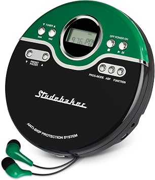 Studebaker Green Retro Portable CD Player | CD-R/RW MP3 Playback | Programmable Personal CD Player | Anti-Skip | FM Radio | Mega Bass Boost | Sport Earbuds (Vintage Green)