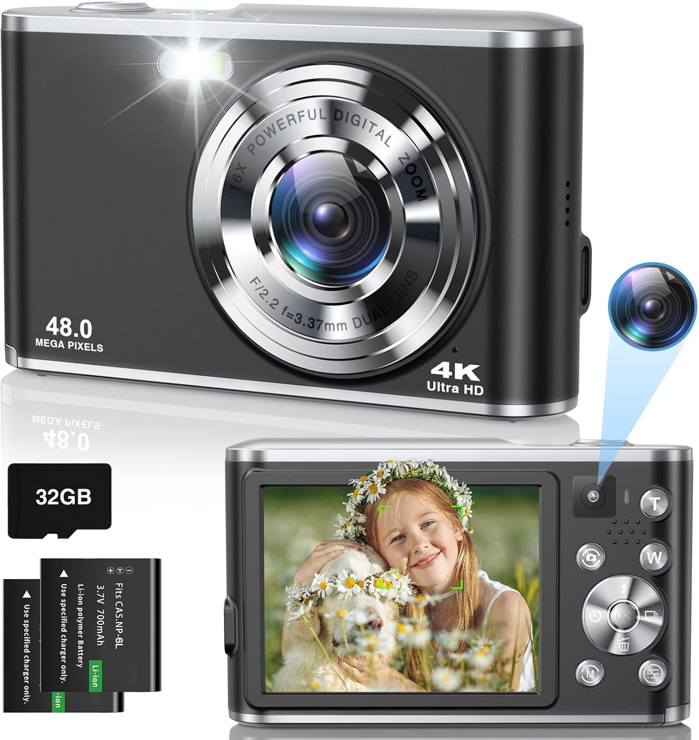 Digital Camera- Compact Camera 4K 48MP Autofocus Dual-Lens with 32GB SD Card, 2.8″ Screen, 16X Zoom, 2 Batteries, Vlogging Selfie Camera for Kids & Beginners