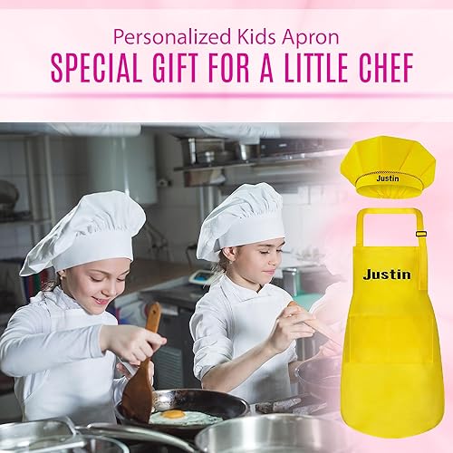 Miniatura 20 de Juego de delantal personalizado y sombrero de chef, bonito disfraz de chef para niños, delantales con bolsillos para cocinar, pintar, fiestas Negro