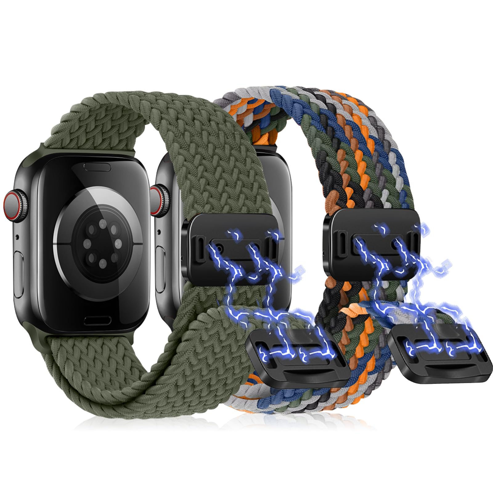 [SinRenn] 2枚入り バンド Apple Watch 41mm/40mm/42/38mm 用 交換ベルト 編み 弾力性 ベルト ナイロン 編み込み 磁気吸着式バックル スポーツ メンズ レディース 時計バンド スマートウォッチバンド iWatch Series 11 42mm/10 42mm/9/8/7/6/5/4/3/2/1/SE/SE2/SE3 (グリーン/カラフル)