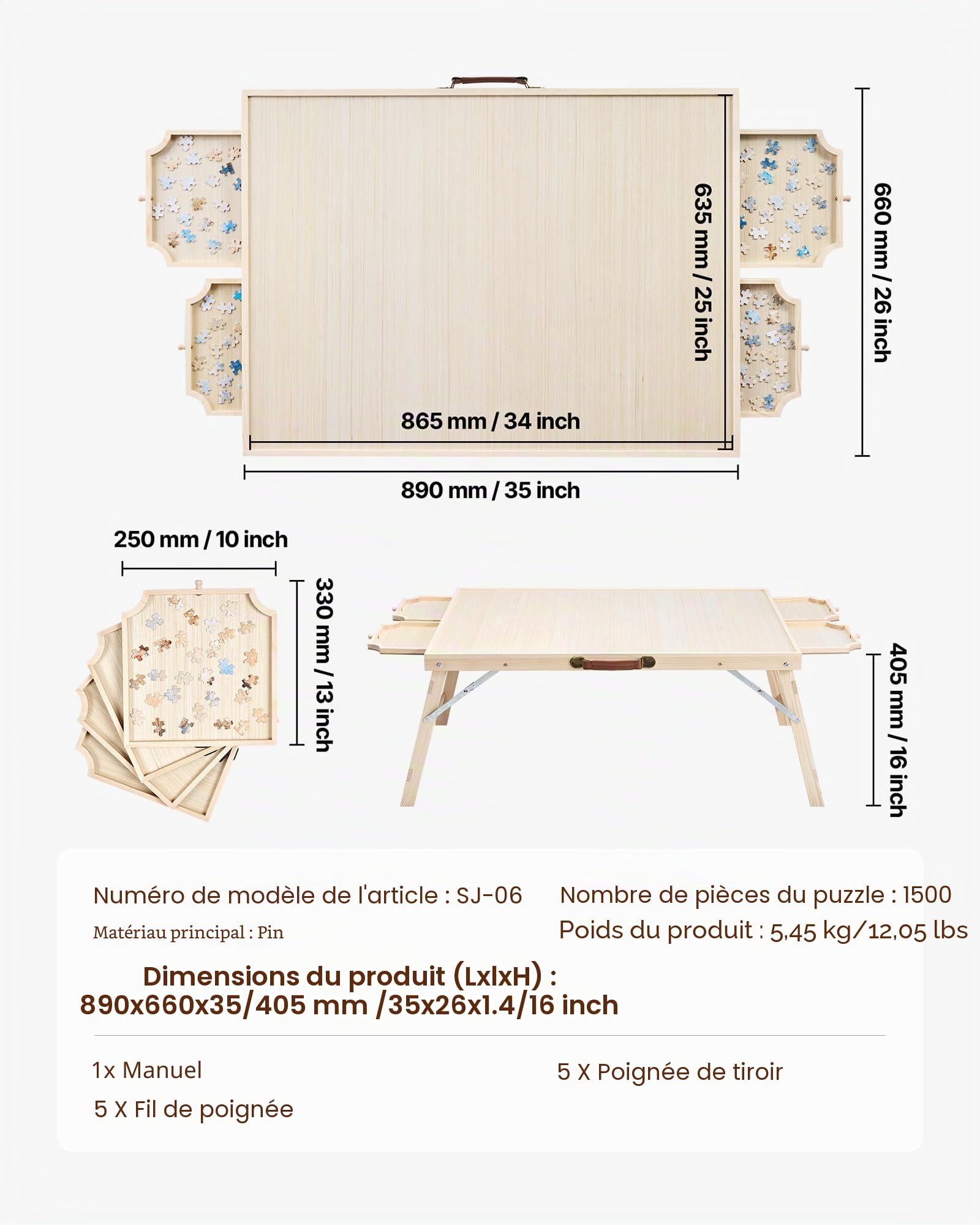 VEVOR Table de Puzzle 1500 Pièces 86,5 x 63,5 cm avec Pieds Pliables 4 Tiroirs et Couverture Plateau Casse-Tête Portable en Bois