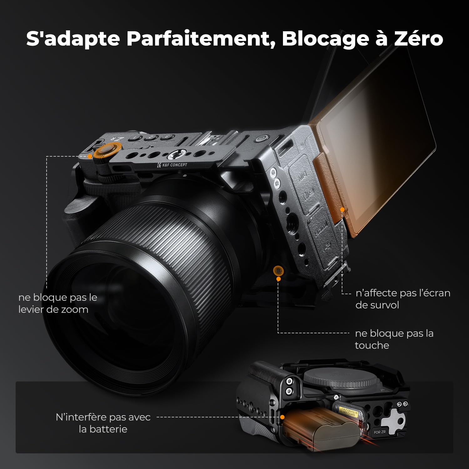 K&F CONCEPT Cage Rig Compatible avec Nikon ZR en Aluminium Léger 221g Solide et Stable avec Cold Shoe Filetages 1/4" et 3/8" Base Arca Protection Silicone Démontage Rapide