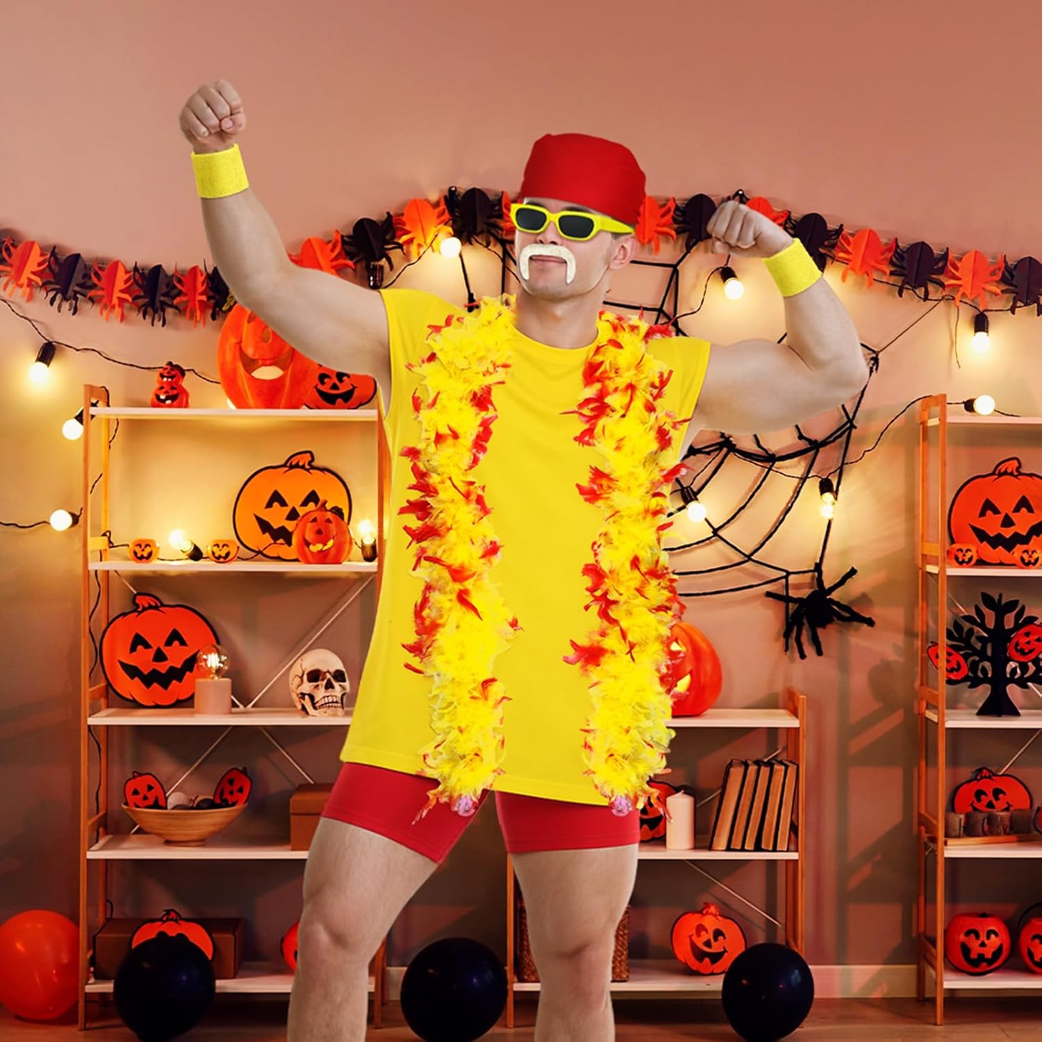 6 Pcs Halloween Wrestler Costume Set Include Yellow Sleeveless T-shirt 6ft Feather Boa Mustache - Image 7