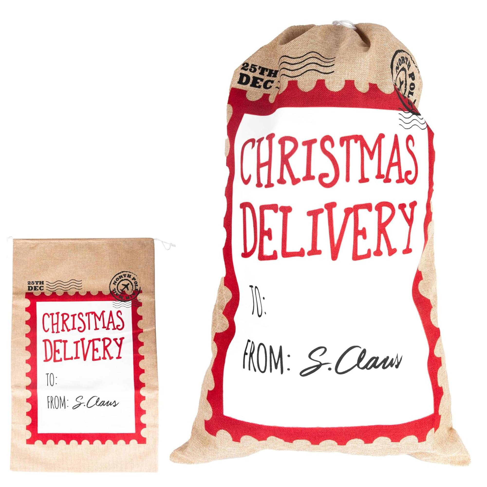 WedDecor Large Hessian Santa Sacks with Christmas Delivery Printed Design in White (48 X 78 cm) Drawstring Closure | Christmas Stockings Sack for Holiday Treats, and Decorations | Kids Gifting โ image 1
