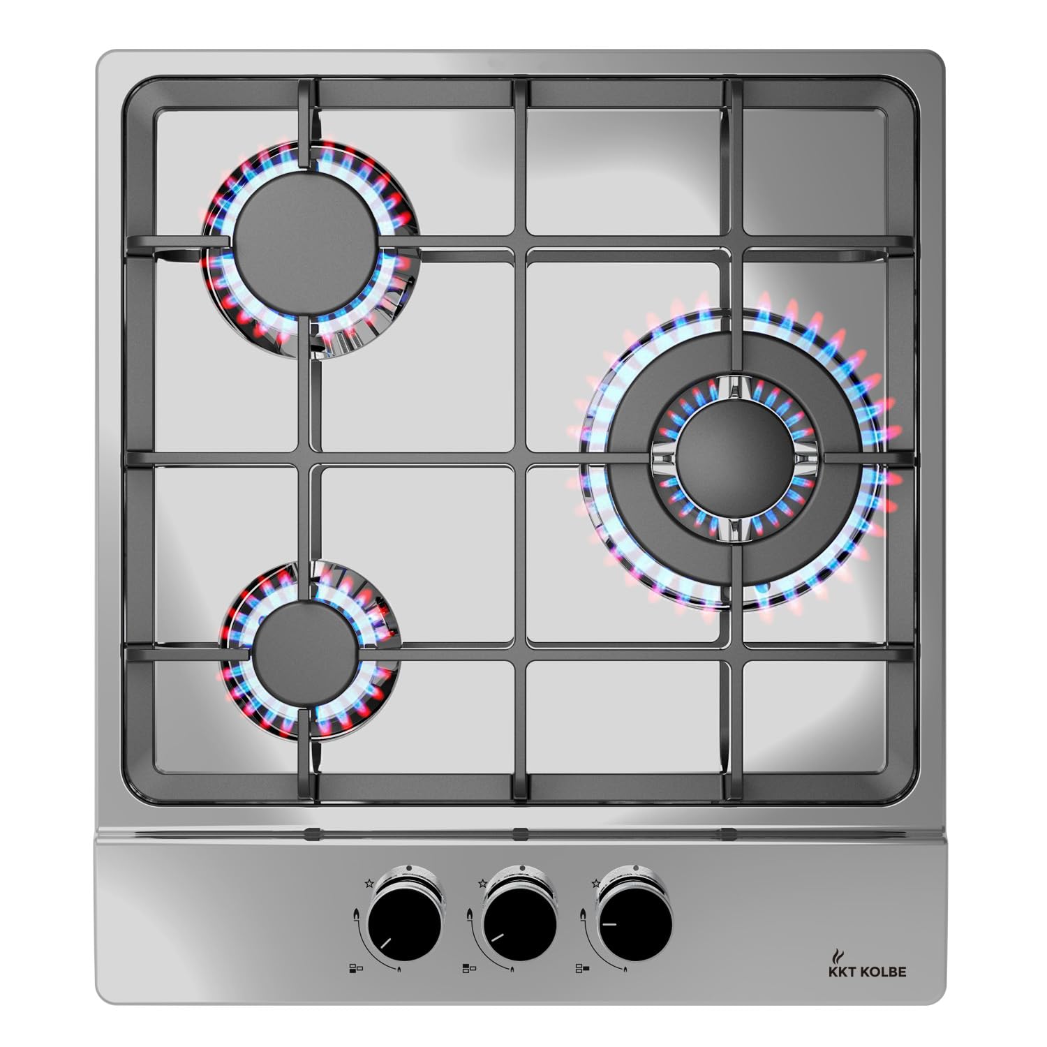 KKT KOLBE Piano cottura a gas da 44,5 cm, autonomo, 6,2 kW, 3 fuochi, regolabile in continuo, zona wok, senza cornice, controllo a manopola, supporti in ghisa, acciaio inox, gas propano, gas naturale