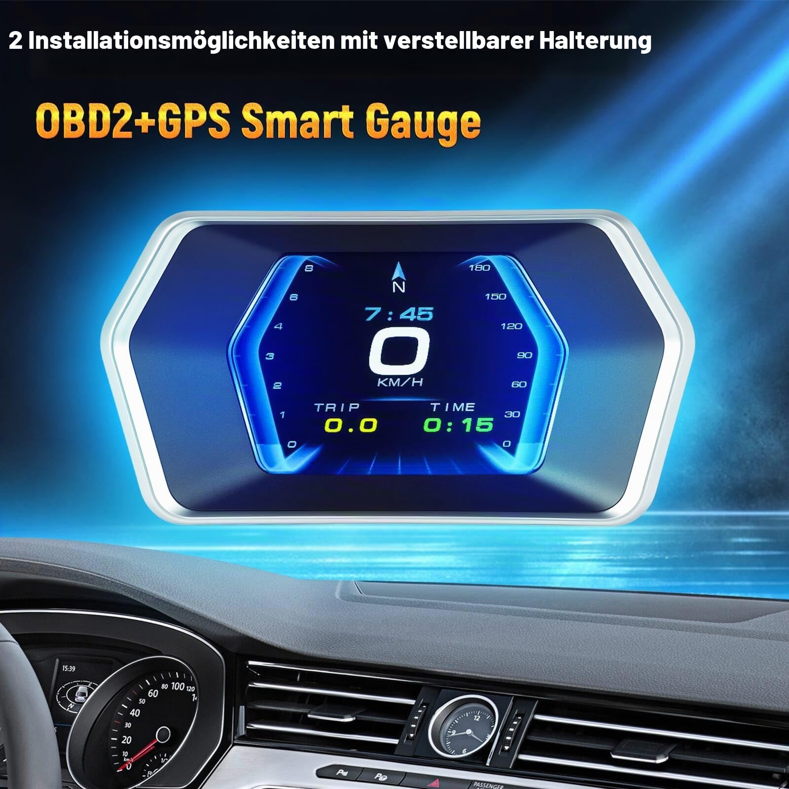 SIXTOP OBD2 GPS Dual System 3 Zoll Auto-HUD-Display - Digitaler Tachometer mit Wassertemperatur-, Spannungs- und Drehzahlmesser - Universelles Head-Up-Display für alle Fahrzeuge