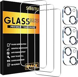 SIBEITU 3 Pack Screen Protector for iPhone 15 with 3 Pack Camera Lens Protector, 6.1 Inch HD Clear 9H Hardness Tempered Glass Film, Scratch Resistent, Easy Installation, Bubbles Free