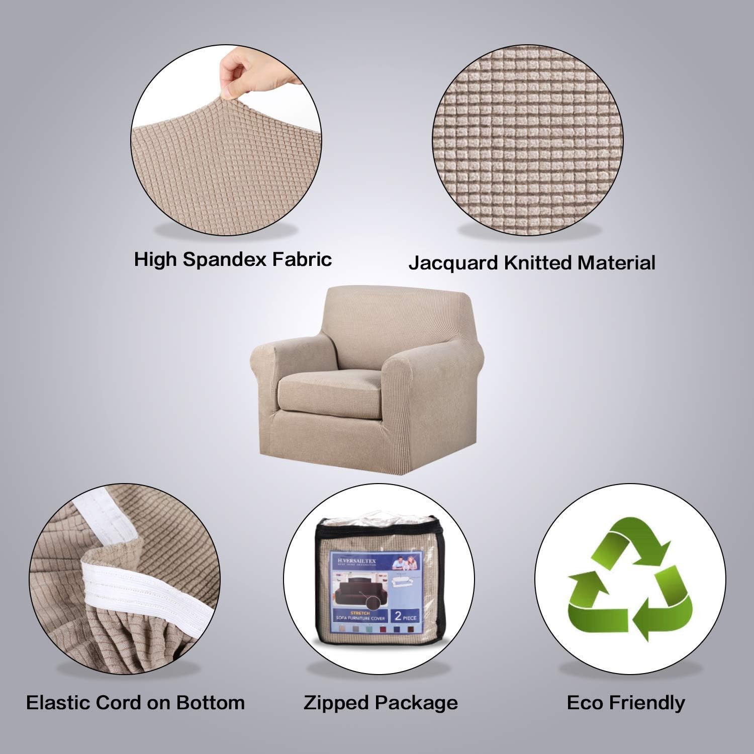 H.VERSAILTEX 2 Piece Sofa Cover for Armchair 32"-48" Bundle Square Ottoman Covers Ottoman Slipcovers, Sand