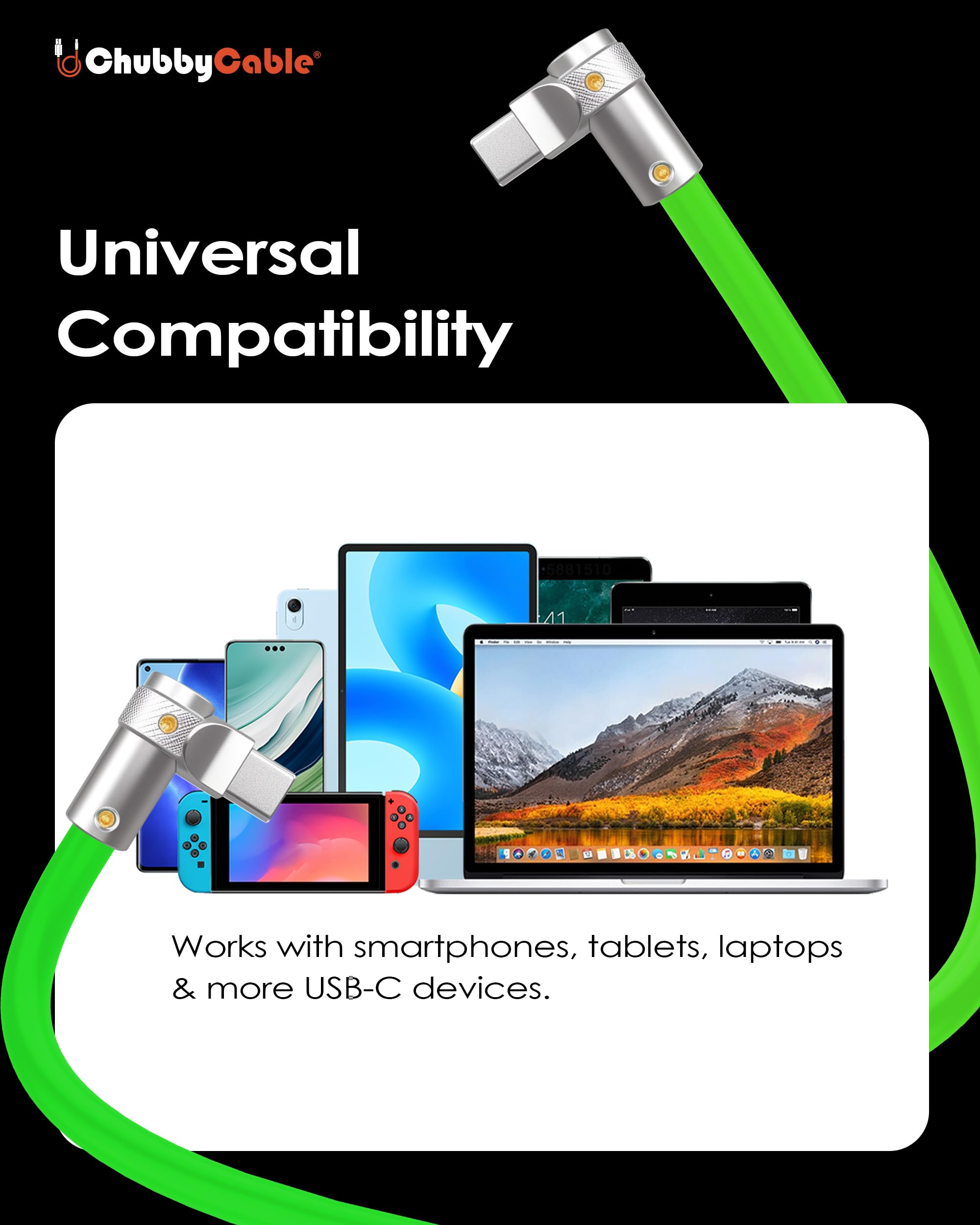 chubbycable FlexElbow - Cavo di ricarica rapida a 90 gradi, 240 W, ad angolo retto, cavo di ricarica USB C, in silicone, compatibile con iPhone serie 17-15, iPad, nero, da tipo C a tipo C, 4 m