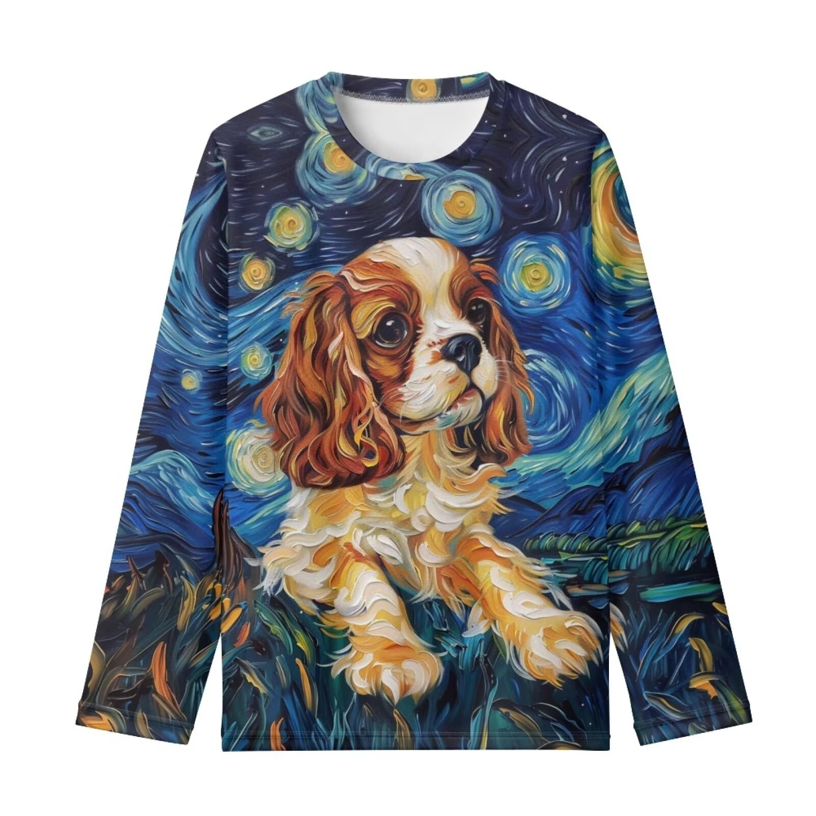 WELLFLYHOM Cavalier King Charles Spaniel Dog Shirt 11Y-12Y Long Sleeve T-Shirt for Boys Girls Novelty Graphic Top Trendy Pullover Tees Athletic Fall Outfits Outdoor Running Walking Clothes