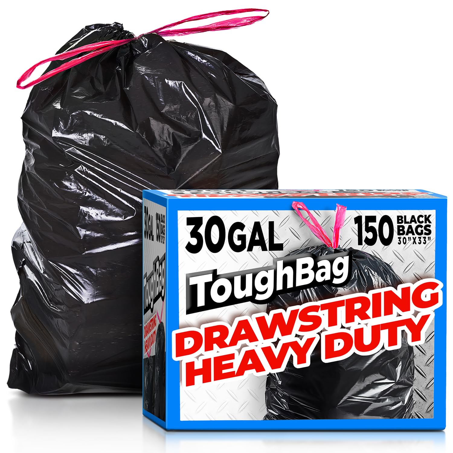 ToughBag Sacchetti per la spazzatura da 30 galloni con coulisse (150 pezzi) grandi sacchetti neri per immondizia da 30 galloni, resistenti per cucina, commerciale e prato