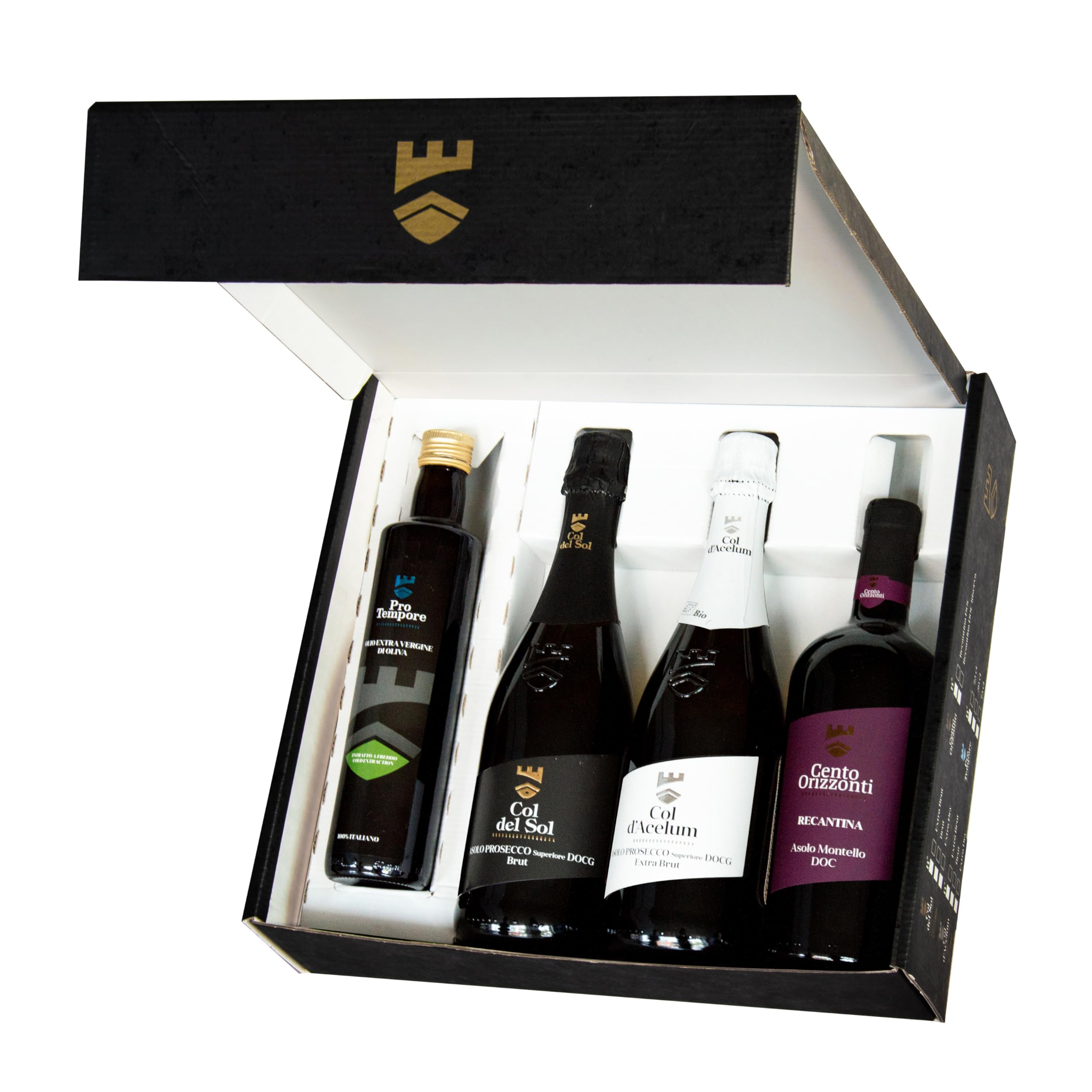 Progress Confezione Regalo Asolo Prosecco Superiore DOCG (COL D'ACELUM, COL DEL SOL), CENTO ORIZZONTI Asolo Montello DOC Recantina, PRO TEMPORE Olio Extra Vergine| Scatola 4 Bottiglie