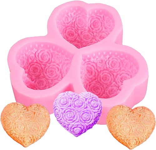Miniatura 5 de Molde de silicona para jabón de 3 cavidades con forma de corazón de rosa para decoración de pasteles, chocolate, vela, bomba de baño, barra de loción