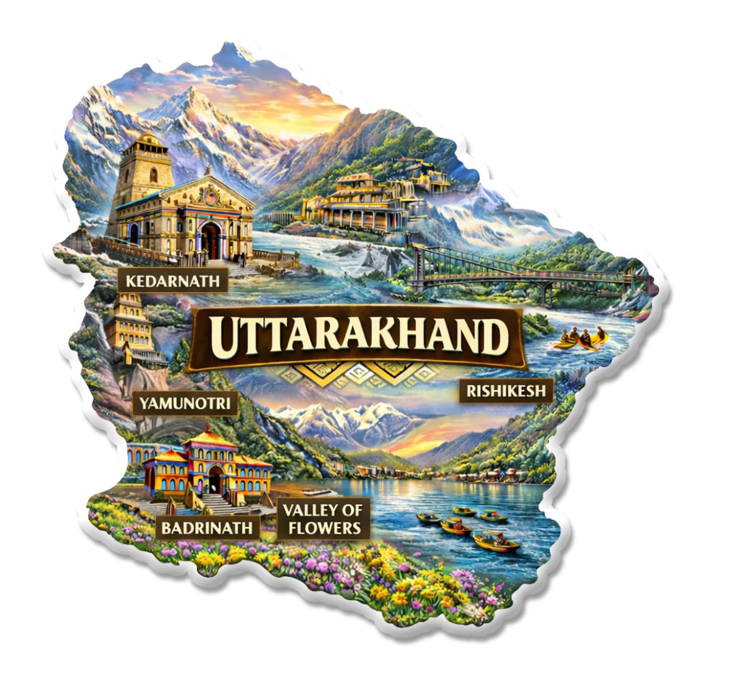 PRINTNX Indian State Uttarakhand Theme Souvenir Wooden Fridge Magnet for Refrigerator | Multicolor Decorative Magnet | Travel Souvenir & Home Kitchen Décor Gift | Set of 1