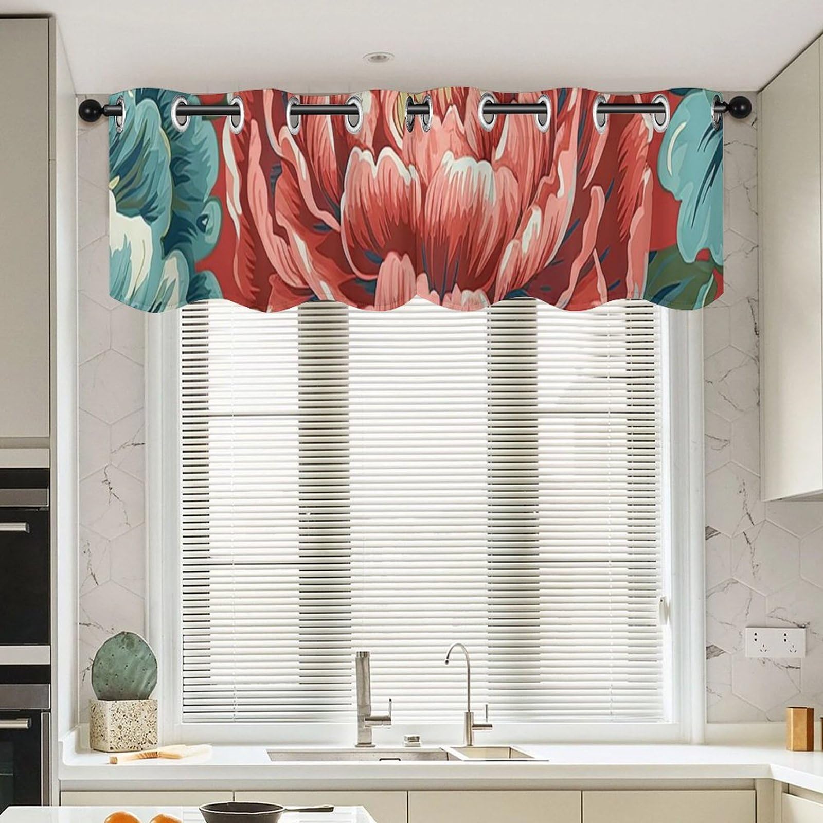 Cantonnière de fenêtres japonaises motif pivoine rouge style chic