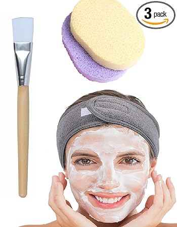 Women Face Pack Wooden Brush with Round Powder Puff with Facial Headband Cotton Soft Sponge Blusher Applicator Makeup Tools Makeup Brush for Face Body(3 Items)