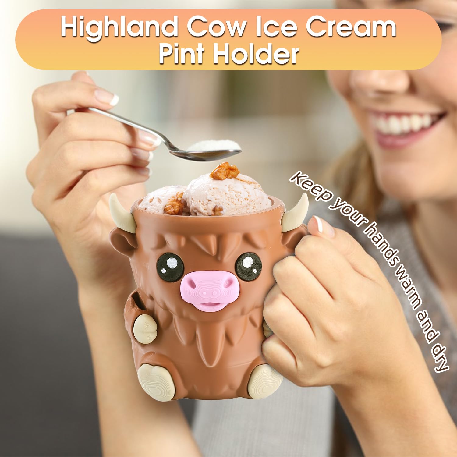 Highland Cow Ice Cream Holder with Handle and Spoon 3D Reusable Ice Cream Tub Pint Holder with Snack Drawer Cute Animal Anti-Freeze Cup Holder for Ice Cream Beer Can (Large) - Image 3