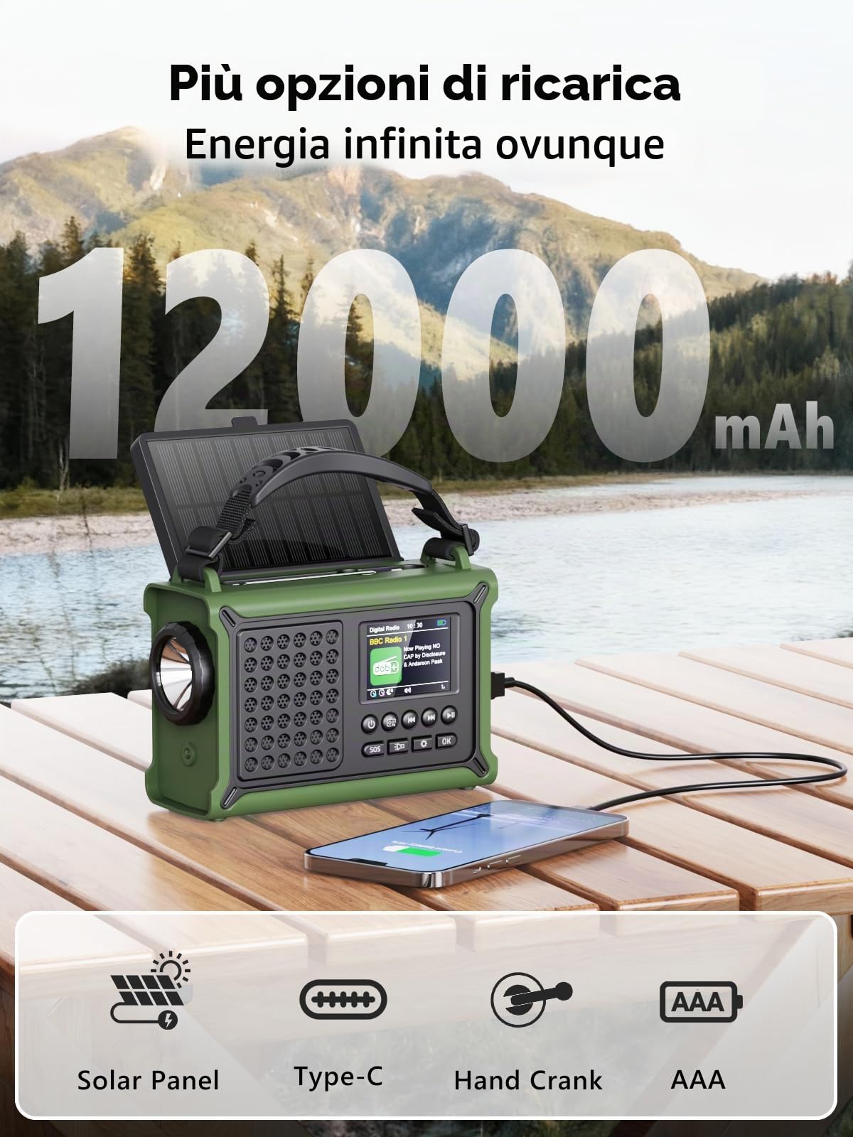ROCAM Radio DAB Portatile con Bluetooth, Radio a Manovella 12000mAh con Pannello Solare e Dinamo, Radio Digitale DAB+/FM con Display a Colori 2,4", 80 Stazioni, Torcia LED,USB, SOS, IPX6 per Campeggio