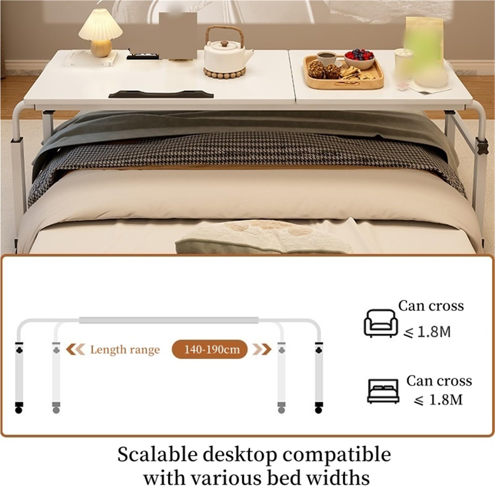 Mesa ajustable sobre la cama con ruedas, altura y longitud ajustables, escritorio abatible, escritorio de oficina portátil de metal para sala de estar y dormitorio, mesita de noche con ruedas (acabado