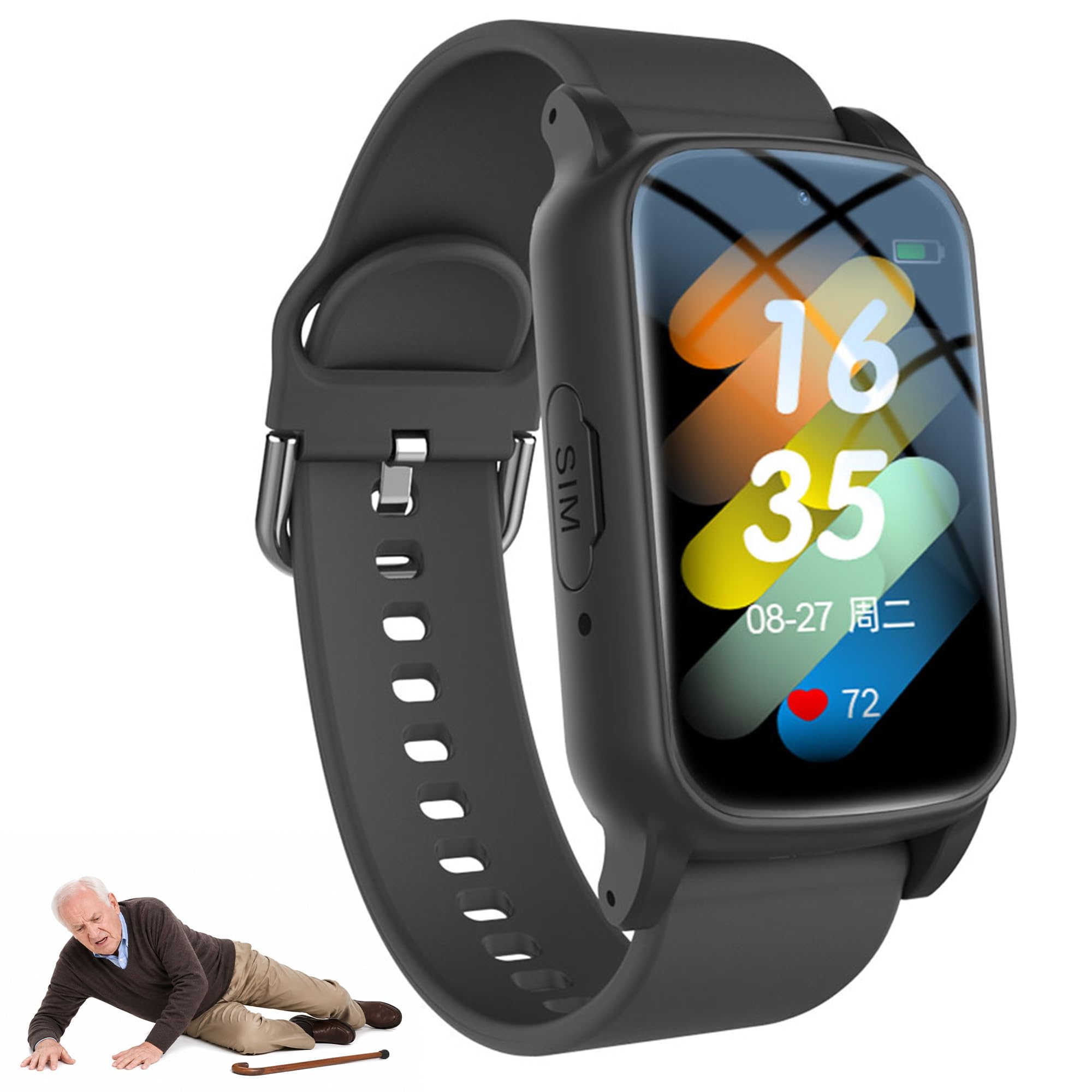 Montre Connectée 4G pour Seniors avec GPS, SOS, Détection de Chute, Appel Vidéo et Suivi Santé, Fonctionne Uniquement avec Carte Nano SIM, Noire,Noir