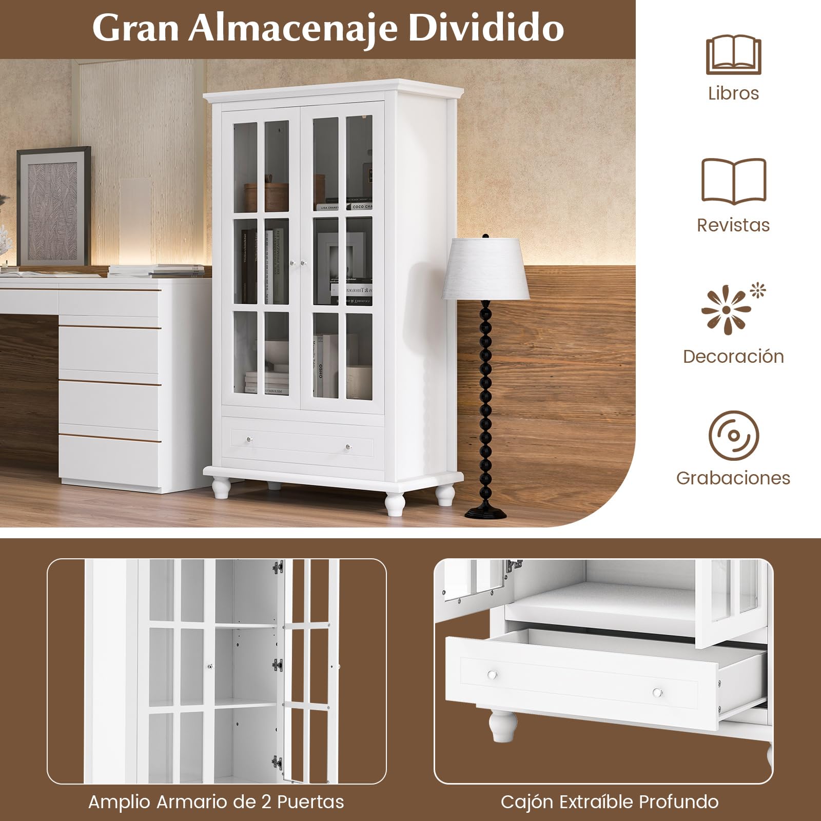 COSTWAY Vitrinas para Salon, Libreria con Puertas de Vidrio Templado, 3 Estantes Ajustables, 1 Cajón, Aparador Salon Cocina Oficina, Blanco, 80 x 40 x 139 cm