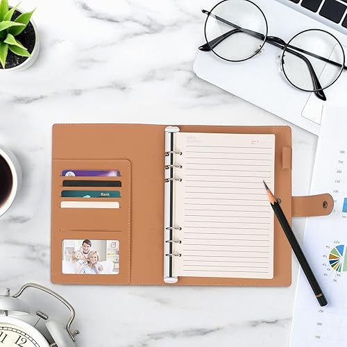 Miniatura 7 de Cuaderno de cuero con anillas A5, carpeta A5 de 6 anillas con papeles de repuesto A5, planificador personal de viaje con carpeta de anillas, color