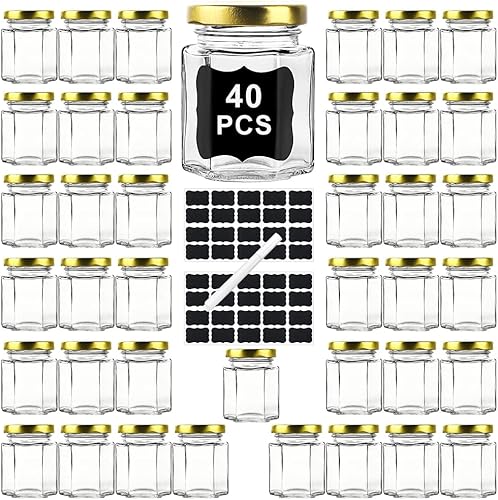 Paquete de 40 tarros pequeños de vidrio para miel con tapas para recuerdos de boda, baby showers, tarros de vidrio herméticos de 3 onzas con tapas,