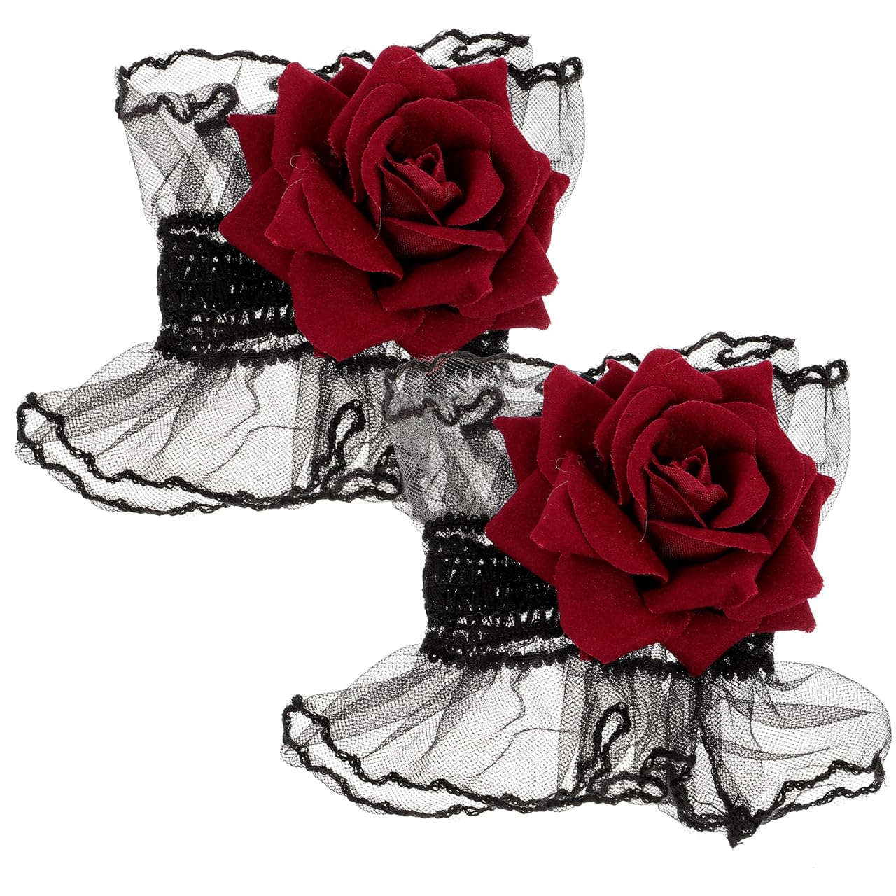 Baluue Lace Wrist Cuffs for Women - Gothic Lolita Rose Hand Sleeves, Elastic Floral Wristband for Steampunk Costume, Burgundy Flower Hand Cuff for Prom & Tea Party