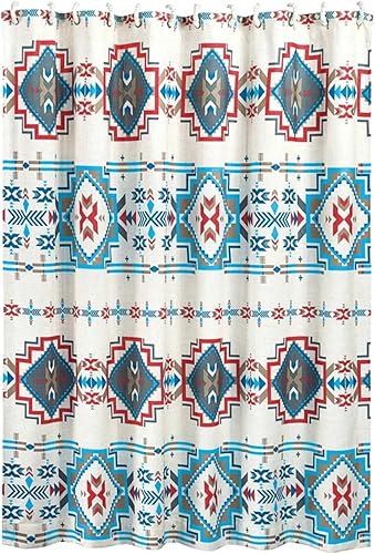 Paseo Road Spirit Valley - Cortina de ducha de tela para baño con 12 ganchos, 72 x 72 pulgadas, estampado geométrico tribal azteca azul y rojo,