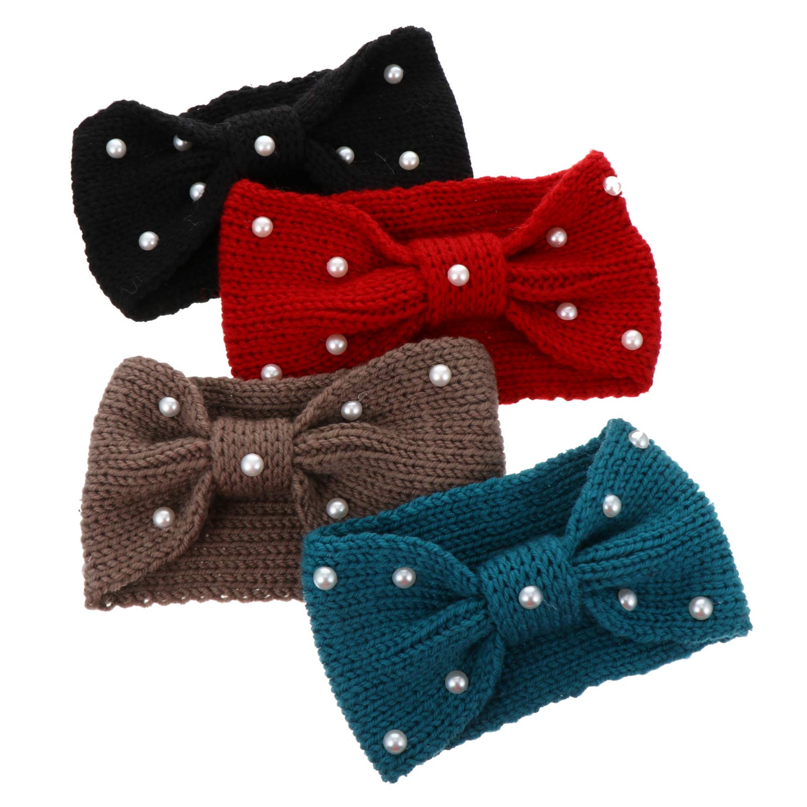 Gogogmee 4Pcs Knitted Hairband with Pearl Bow Knot for Women Chic Winter Headwear for Outdoor Sports Activities present for Cold Weather and Casual Wear