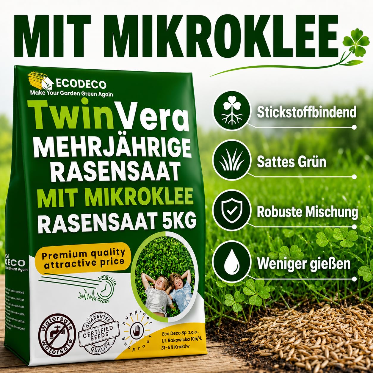 Semillas Cesped Resistente con Trebol Enano 25kg para 1000m² - Mezcla de Crecimiento Rapido y Cesped Natural - Ideal para Jardin Sombra y Sol