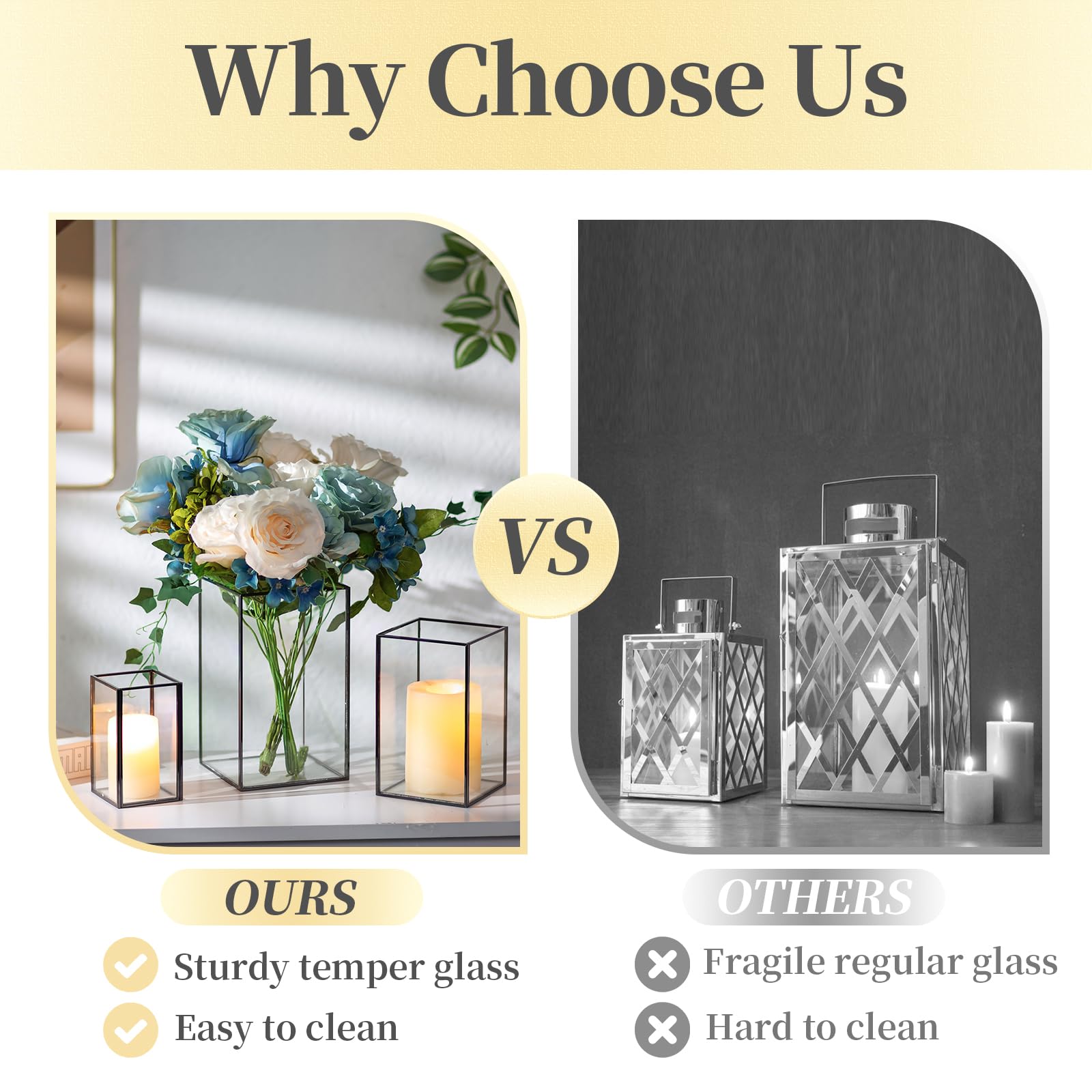Hewory - Portavelas de cristal grande – 6 piezas rectangulares negras para mesa, farol cuadrado de piso alto para boda, aniversario, fiesta, chimenea, comedor