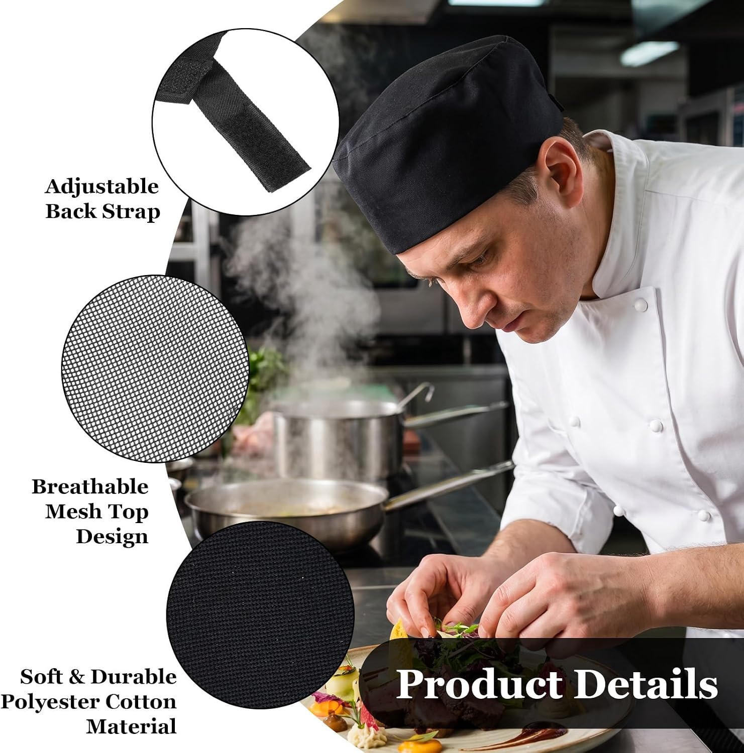 10 Pcs Unisex Chef Hats Adjustable Kitchen Cooking Caps with Breathable Mesh Top – Polyester Cotton Black Skull Cap for Men Women Adult Sushi Beanie